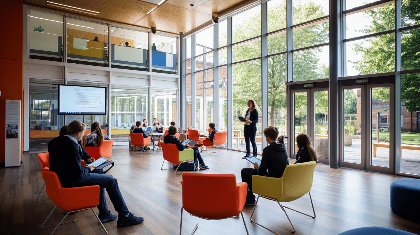 Modern classroom with orange and yellow chairs, large windows, and an instructor presenting to students in a bright, open learning space with digital display and natural light