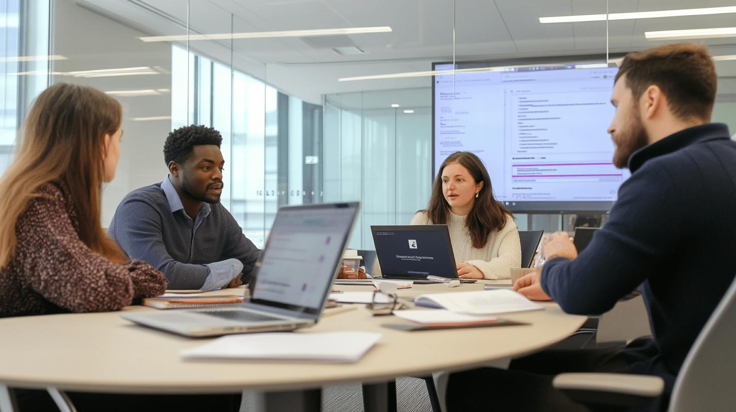 Diverse team collaborating in modern glass-walled office meeting room with laptops and documents, engaging in professional workplace discussion
