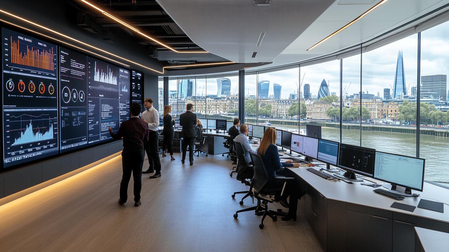 Modern data analytics control room with digital dashboards, overlooking London skyline, with multiple professionals working at computer stations and analyzing complex data visualizations