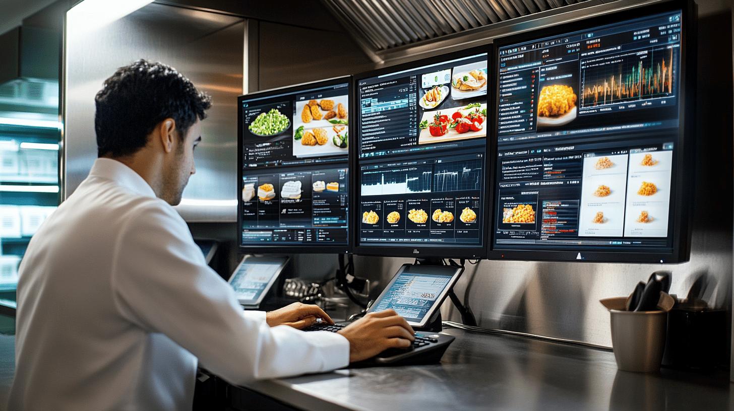 Professional chef analyzing food data and images on multiple computer monitors in a commercial kitchen control room, showcasing advanced culinary technology and food performance metrics