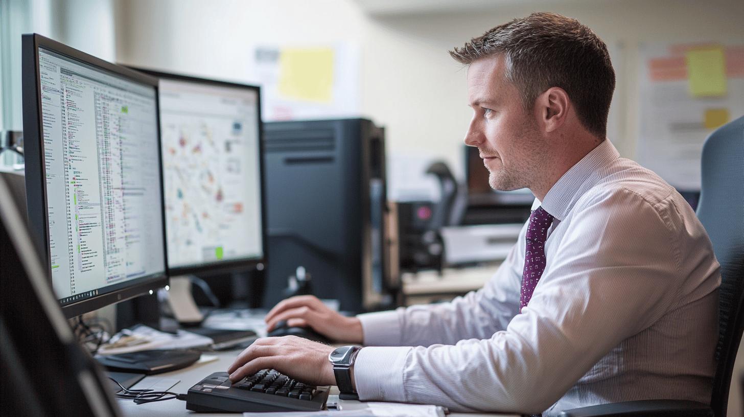 Professional software developer working intently at computer with multiple monitors in office setting, analyzing complex code or data visualization on screen