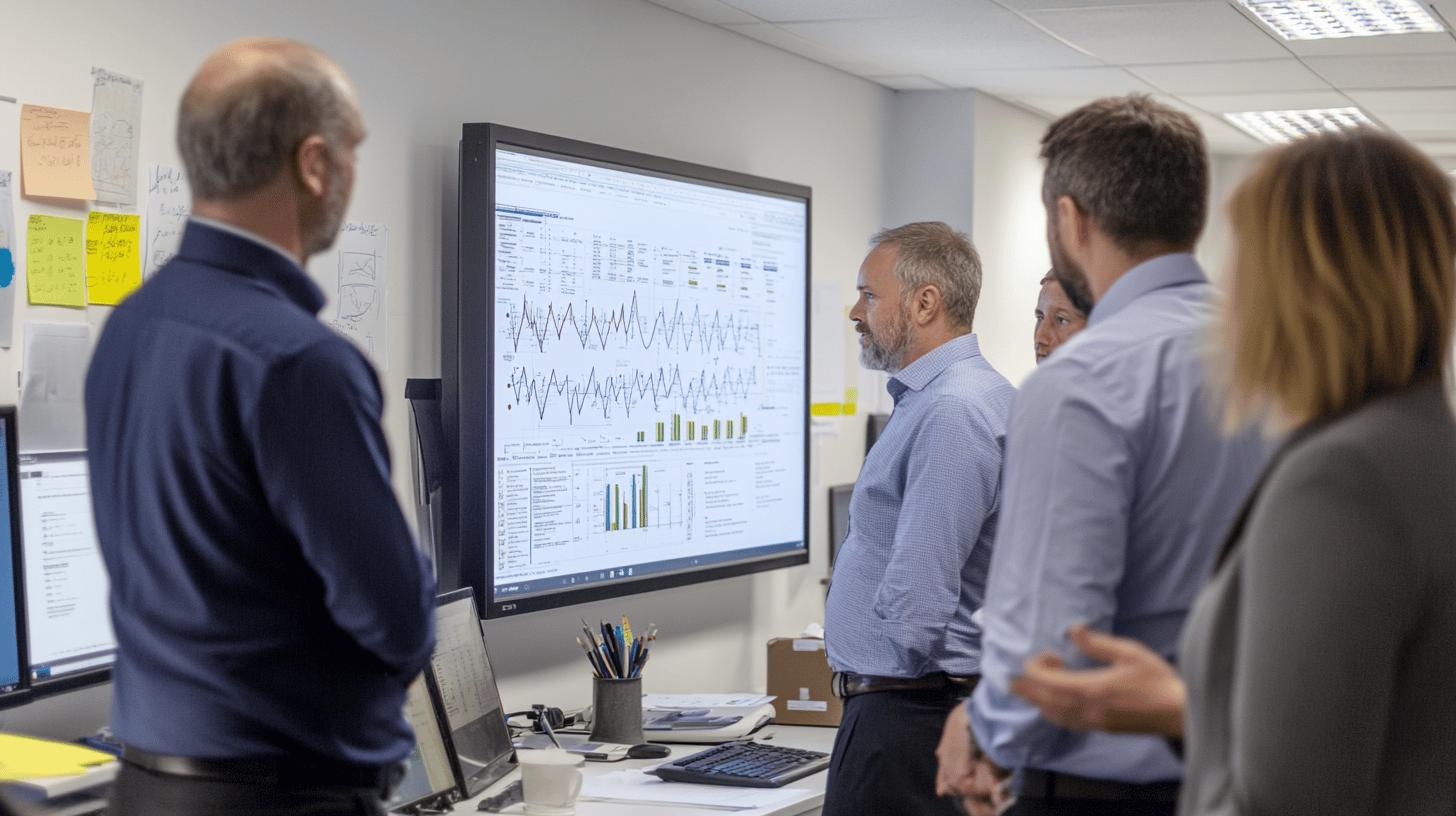 Corporate team analyzing complex data visualization on large monitor in modern office setting, with multiple professionals reviewing graphs and statistical charts together