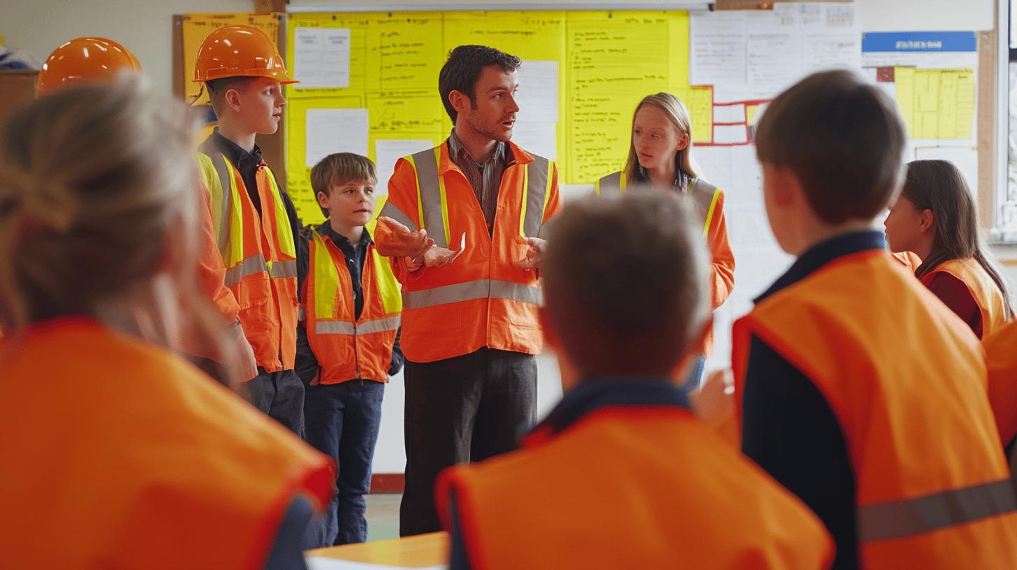 Safety training session with construction workers and supervisors wearing orange high-visibility vests and hard hats in a workplace briefing room with yellow information boards