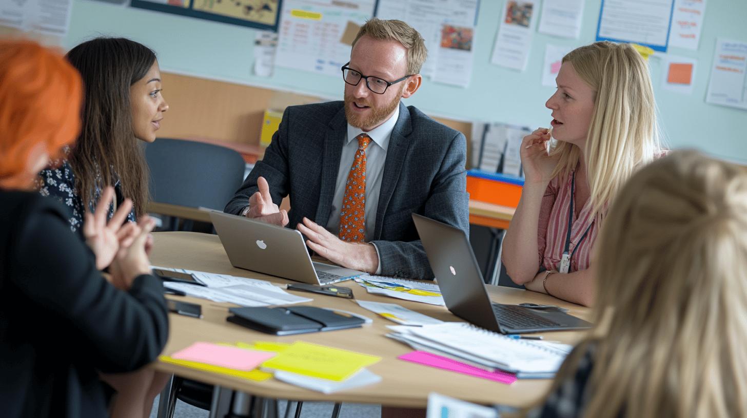 collaborative business meeting with diverse team discussing project on laptops in office setting, featuring professionals engaged in conversation with colorful sticky notes and documents on table