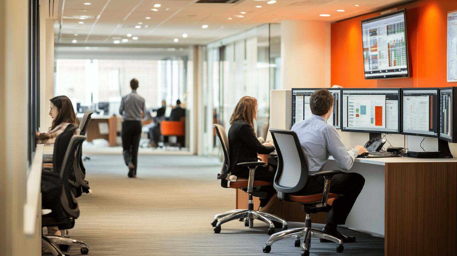 modern trading floor with multiple workstations, financial data screens, and professionals working in an open-plan office with orange accent wall and glass partitions
