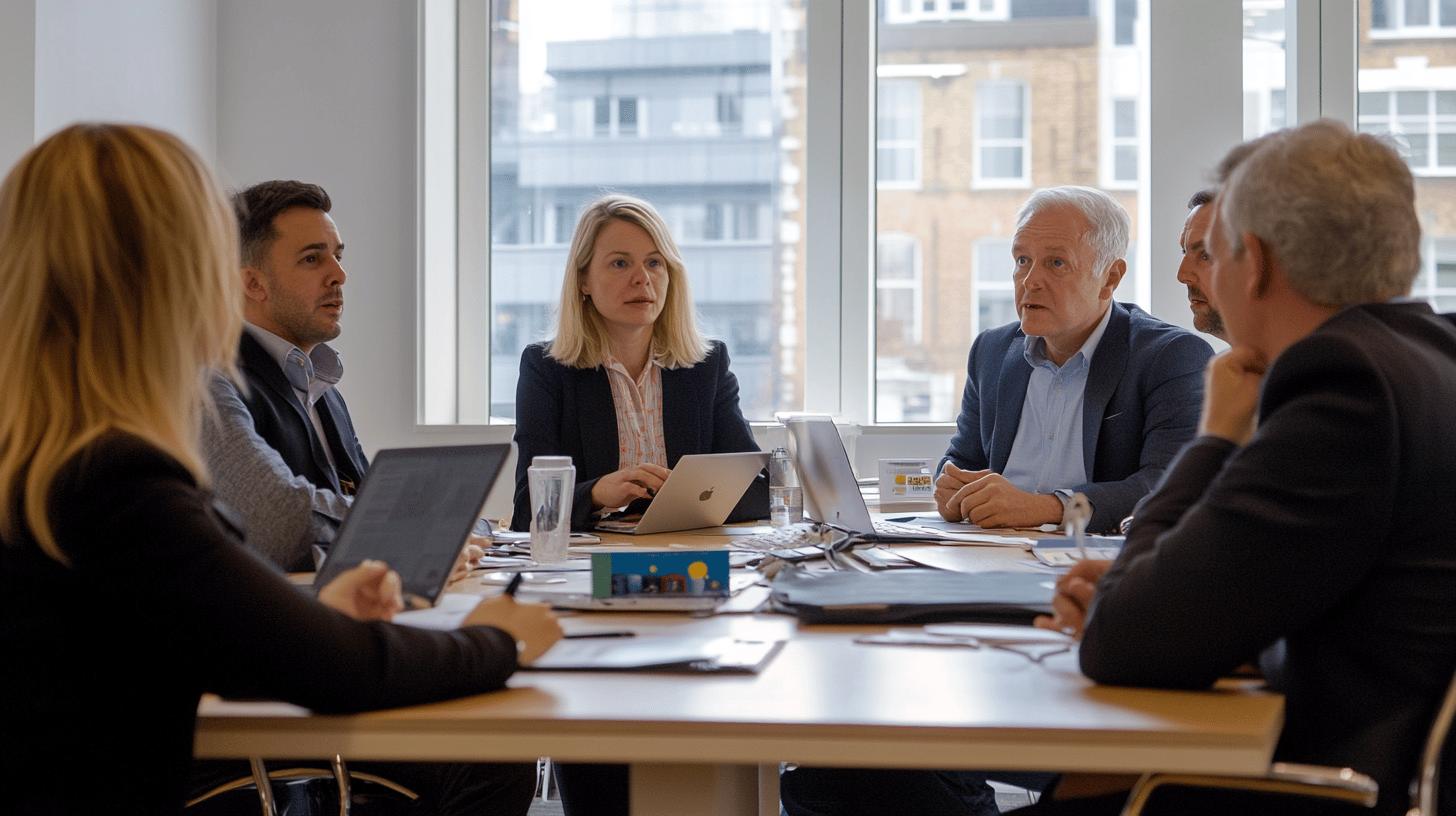 Diverse professional team in business meeting, collaborating around conference table with laptops, urban office background with large windows