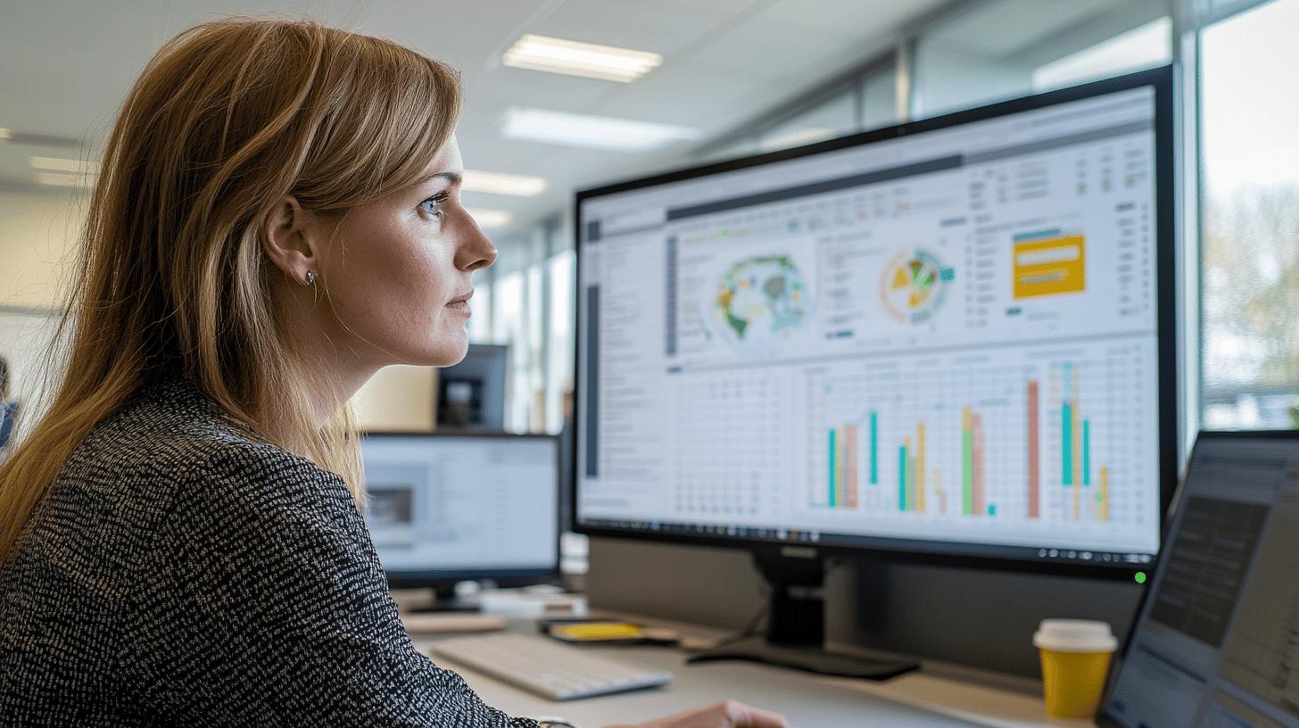 Professional analyzing data visualization and business analytics on multiple computer monitors in modern office setting