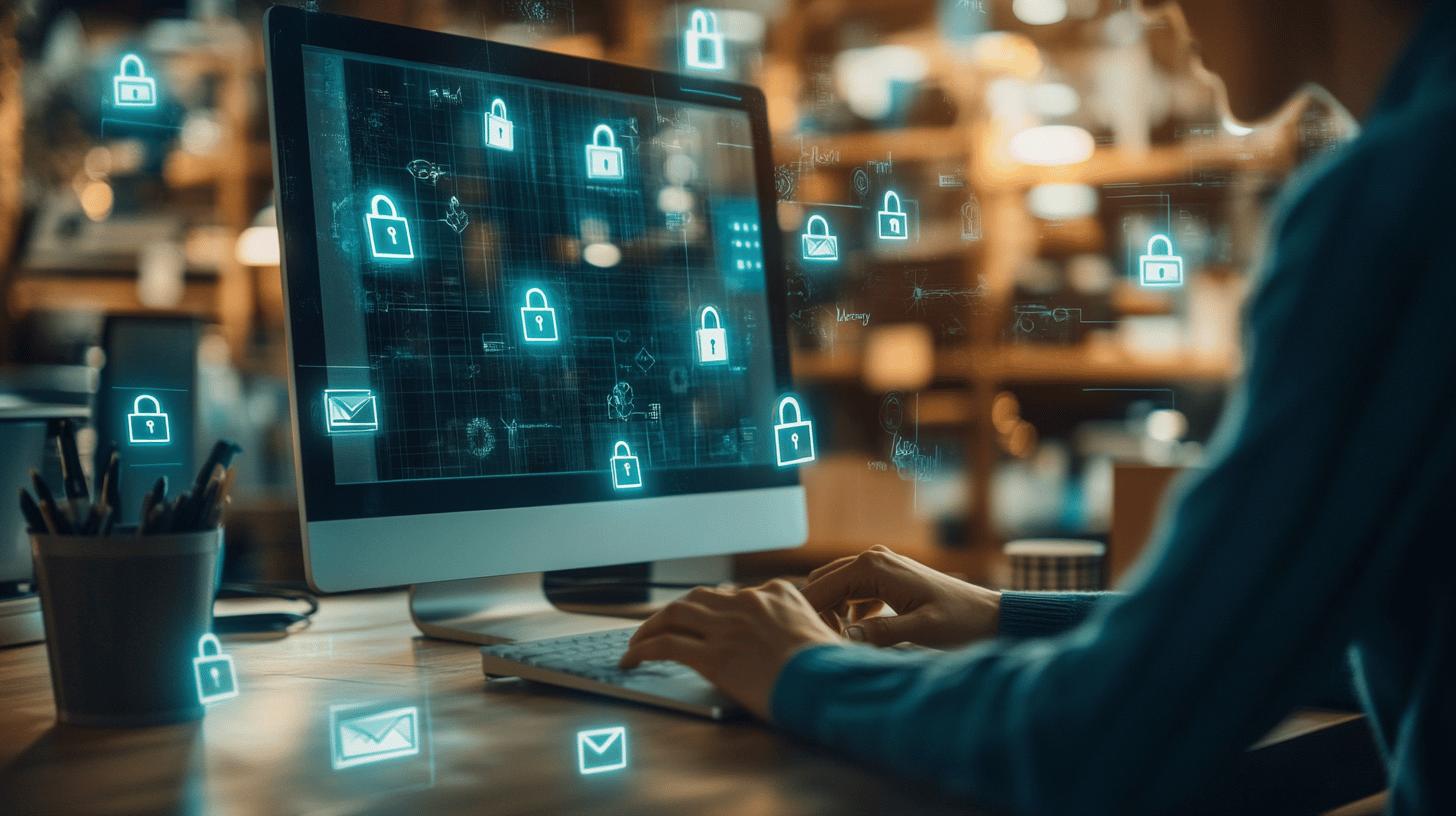 Cybersecurity professional working on computer with digital lock icons and network security visualization, highlighting data protection and digital privacy in a modern office environment