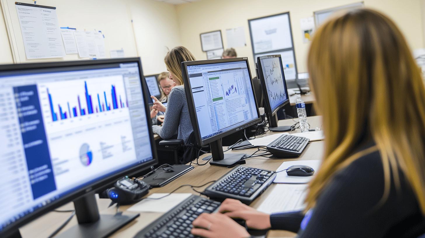 Financial analysts working at computer workstations, examining data visualizations and stock market graphs in a professional office environment with multiple monitor screens displaying business analytics and financial charts