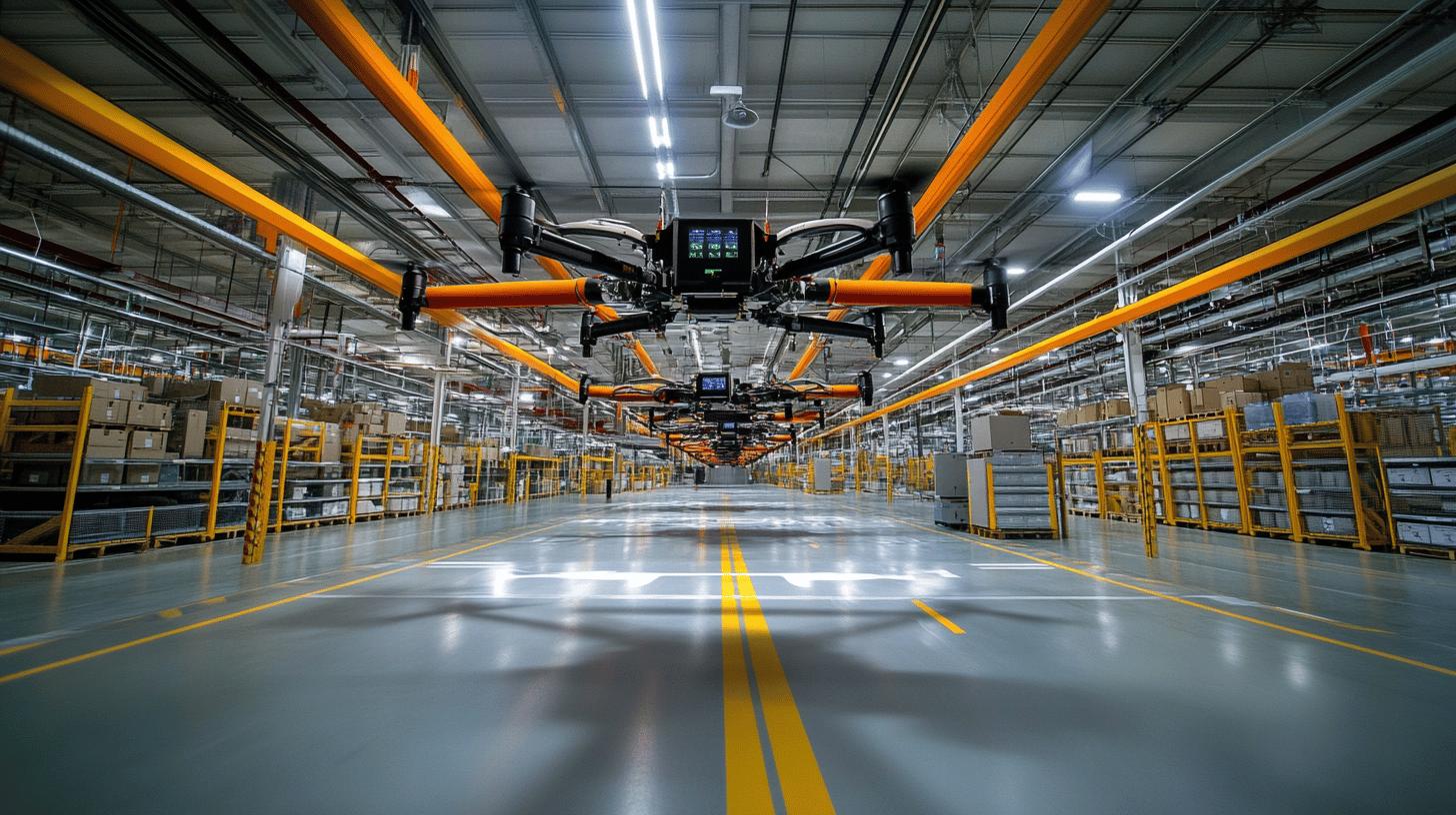 Automated warehouse interior with suspended drone system, yellow safety barriers, cardboard storage boxes, and reflective epoxy floor with yellow lane markings, showcasing modern logistics technology and industrial design