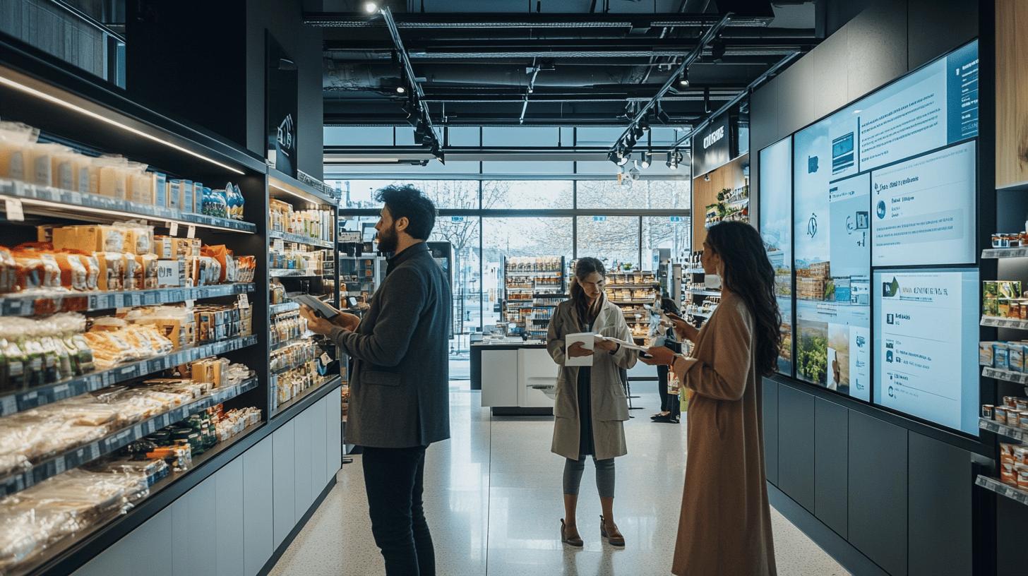 Modern grocery store interior with minimalist design, digital displays, and customers browsing shelves stocked with packaged food products, large windows providing natural light and view of exterior