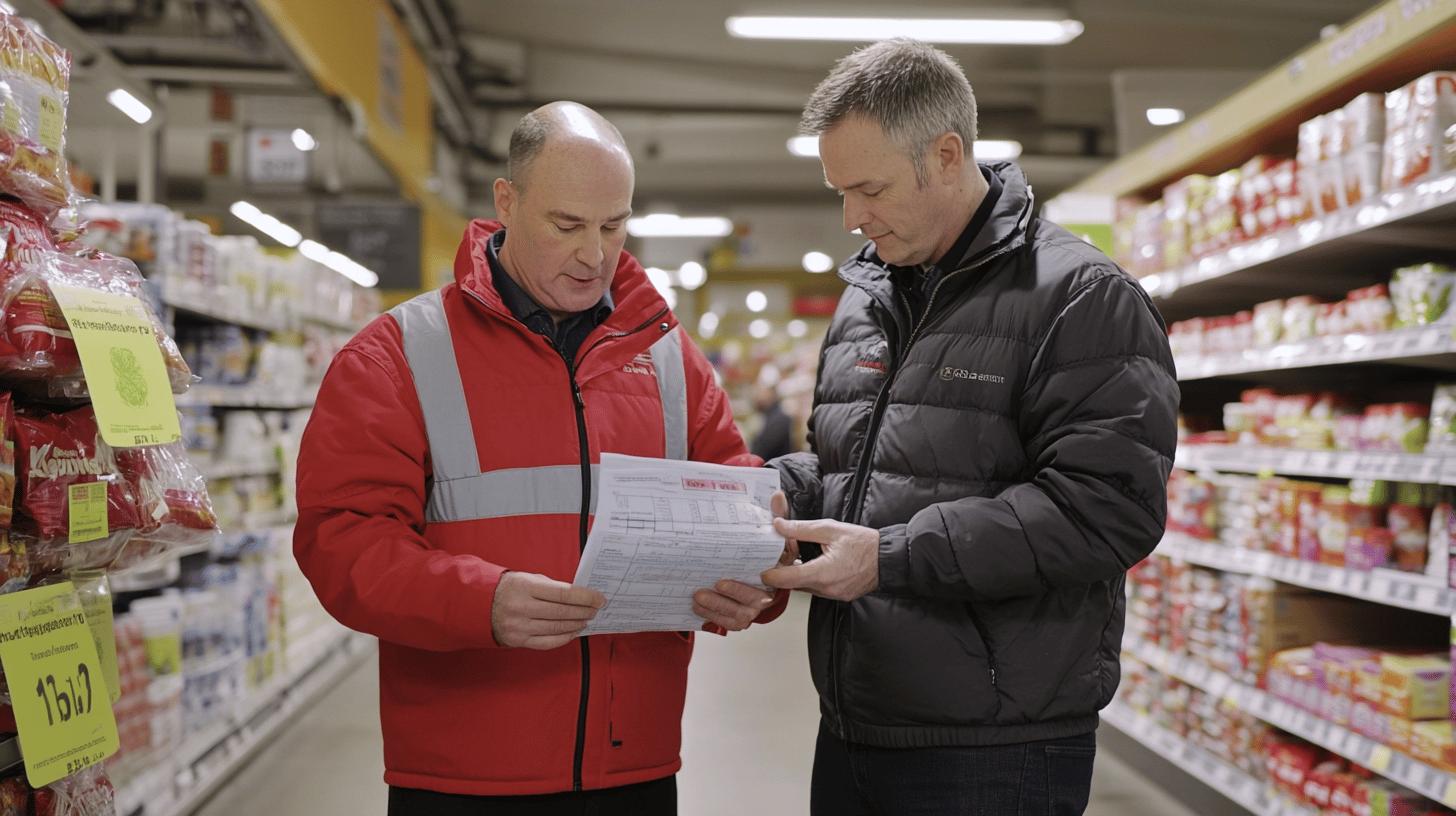 warehouse workers reviewing inventory checklist in grocery store aisle, wearing safety vest and winter jackets, product shelves and packaging visible in background