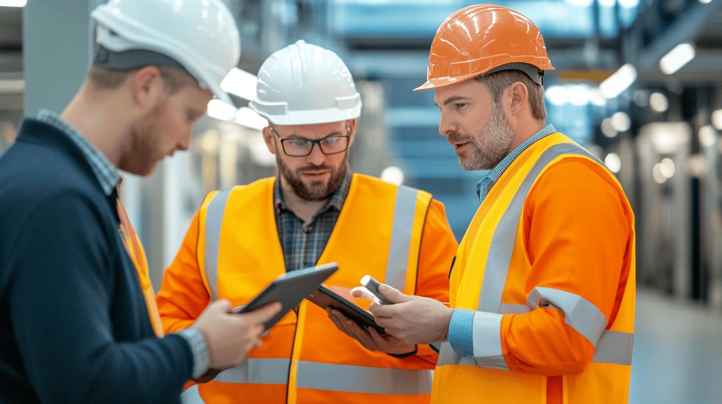 Three industrial workers in safety helmets and high-visibility vests reviewing digital tablets in a manufacturing facility, discussing technical details or project specifications.