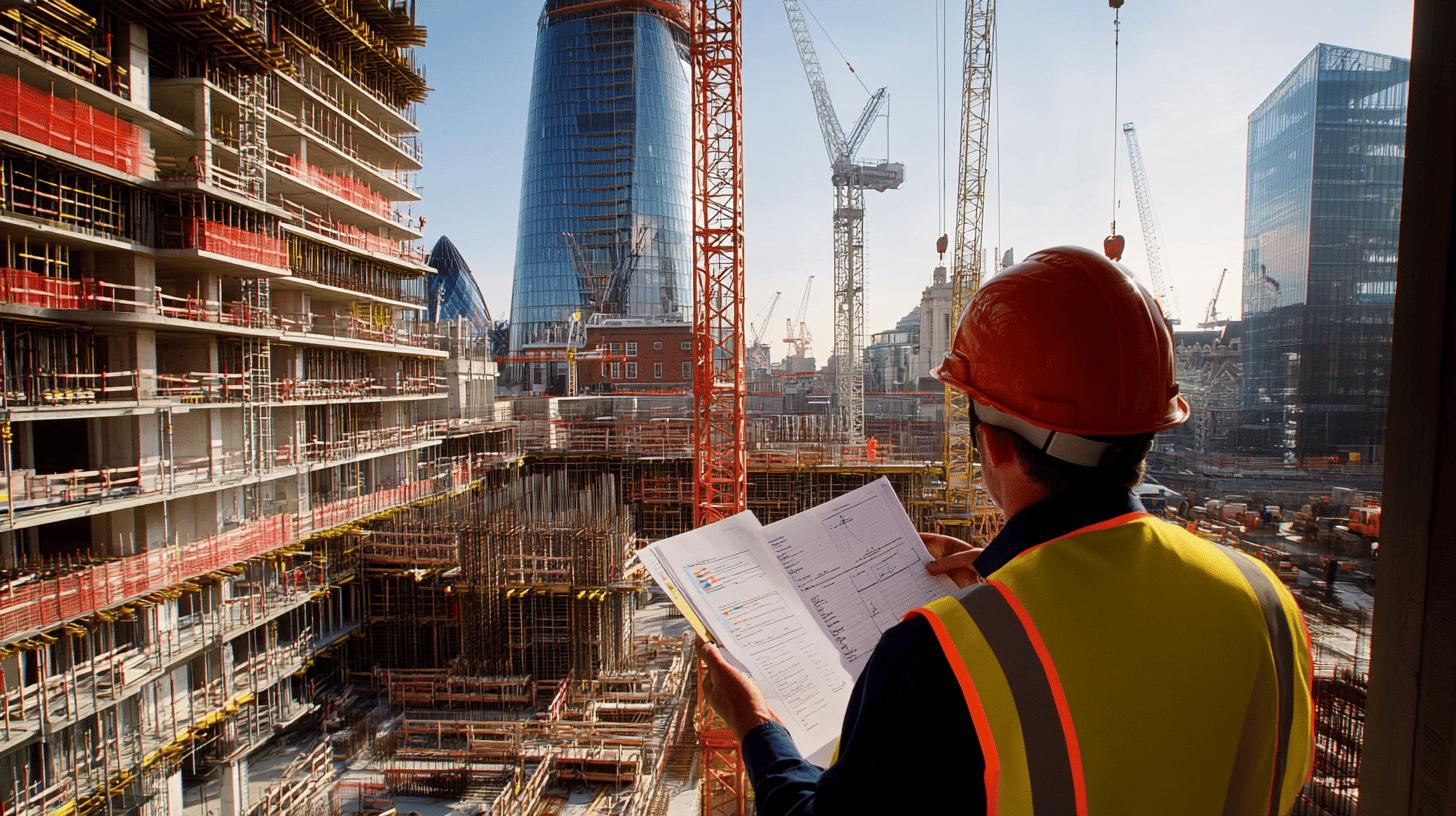 Construction site with safety-vested worker reviewing blueprints, surrounded by high-rise buildings under construction, multiple cranes, and scaffolding in an urban development landscape