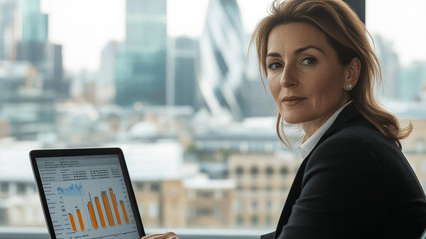 Professional woman reviewing financial data charts with city skyline in background, displaying confident business analysis in corporate office setting