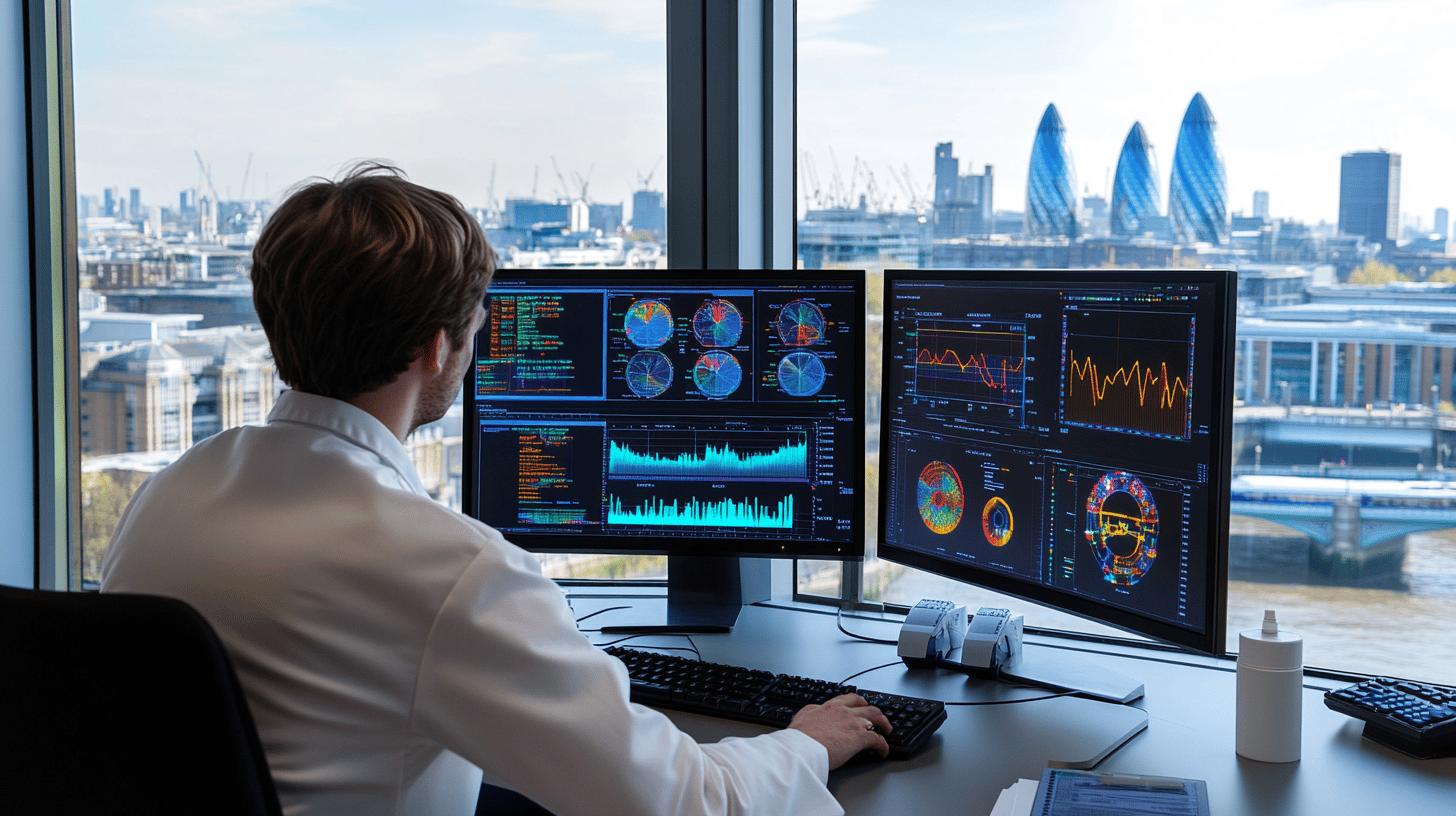 Professional data analyst working on multiple monitoring screens displaying complex analytics dashboards, with London's financial district skyline visible in the background through large windows