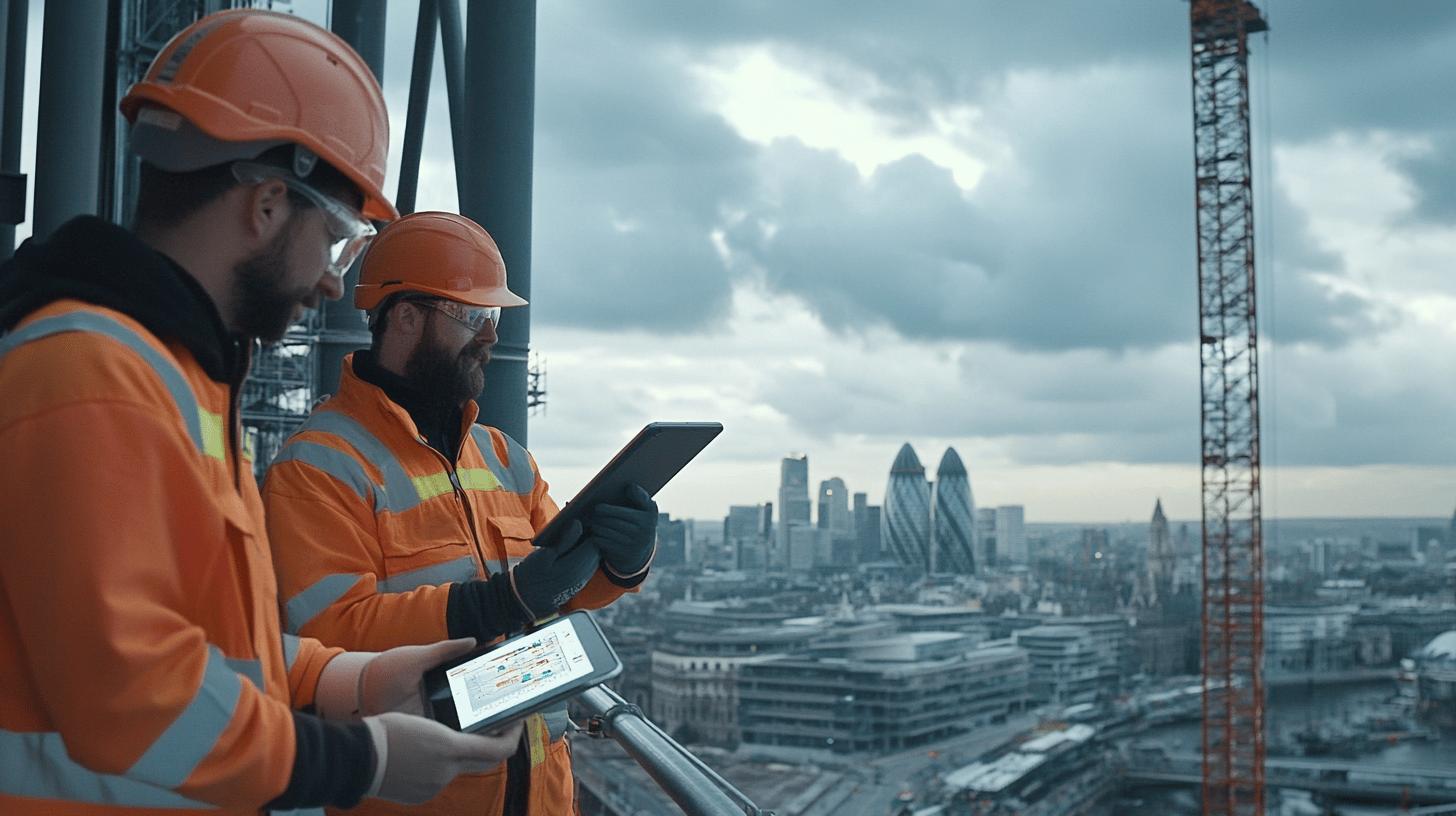 Construction workers in orange safety vests and hard hats using digital tablet on high-rise site with London skyline and Gherkin building in background