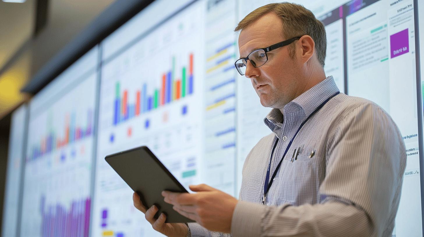 Professional data analyst reviewing business performance metrics on tablet with colorful bar graphs and dashboard in background