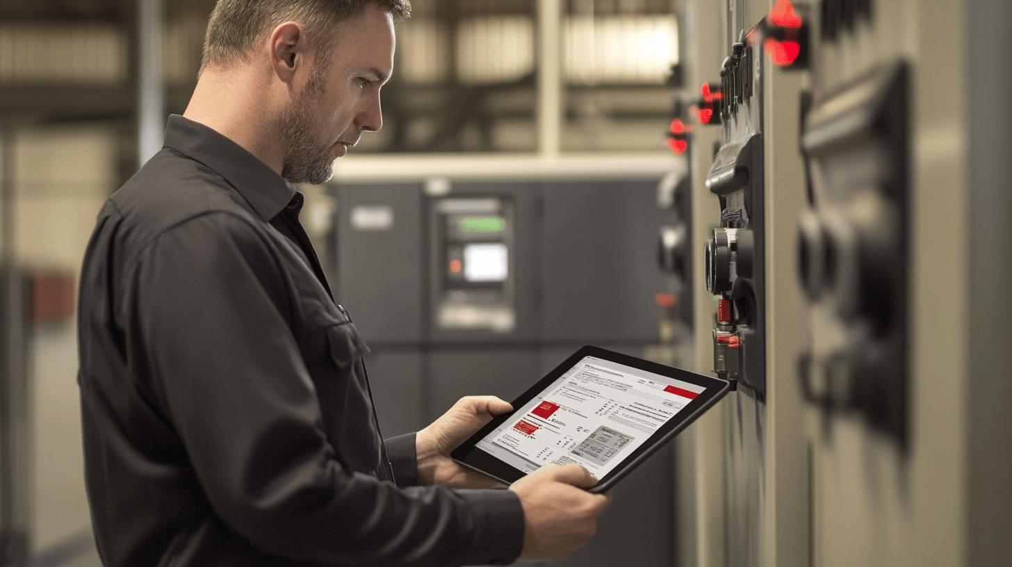 industrial technician using tablet to monitor electrical control panel in manufacturing facility