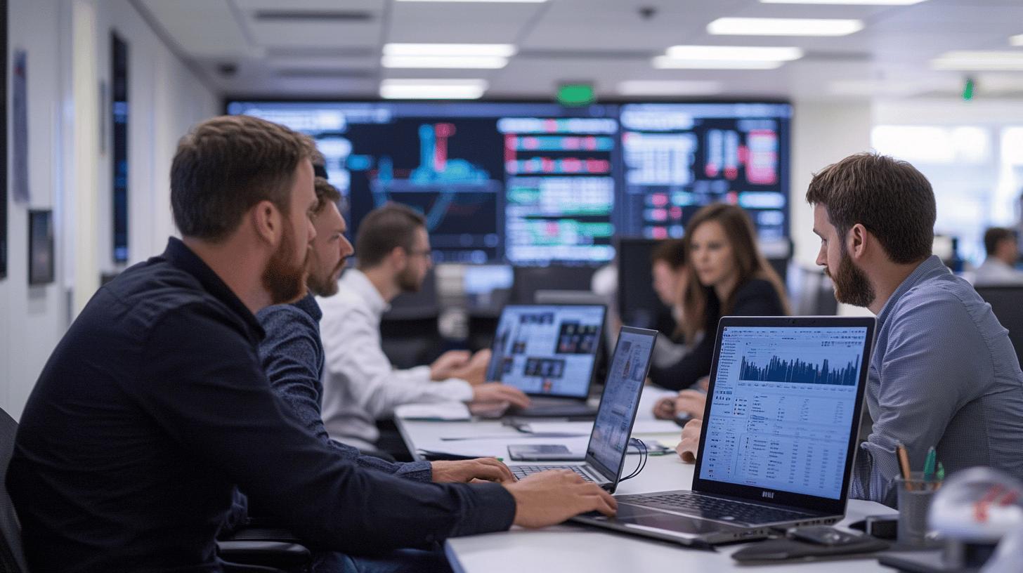 Technical operations team analyzing data metrics in corporate monitoring center with multiple screens and laptops displaying financial charts and performance analytics