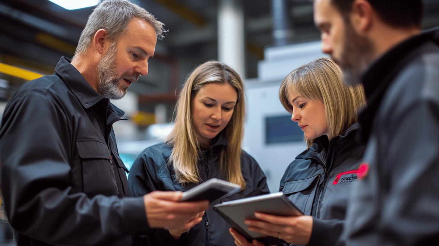 Professional team in dark uniforms collaborating using digital tablets in industrial workplace setting, reviewing technical information together
