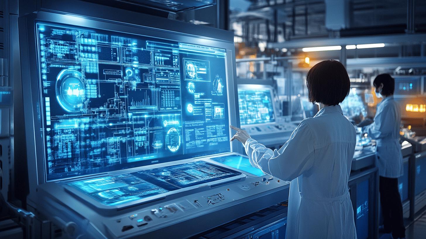 Futuristic medical research laboratory with advanced digital interface, holographic data displays, and scientific personnel analyzing complex technological screens in blue-toned high-tech environment