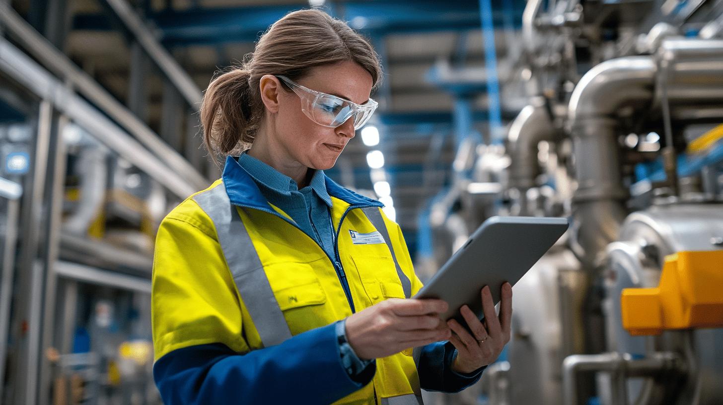 Female industrial technician in safety vest and protective eyewear using tablet while inspecting machinery in manufacturing facility