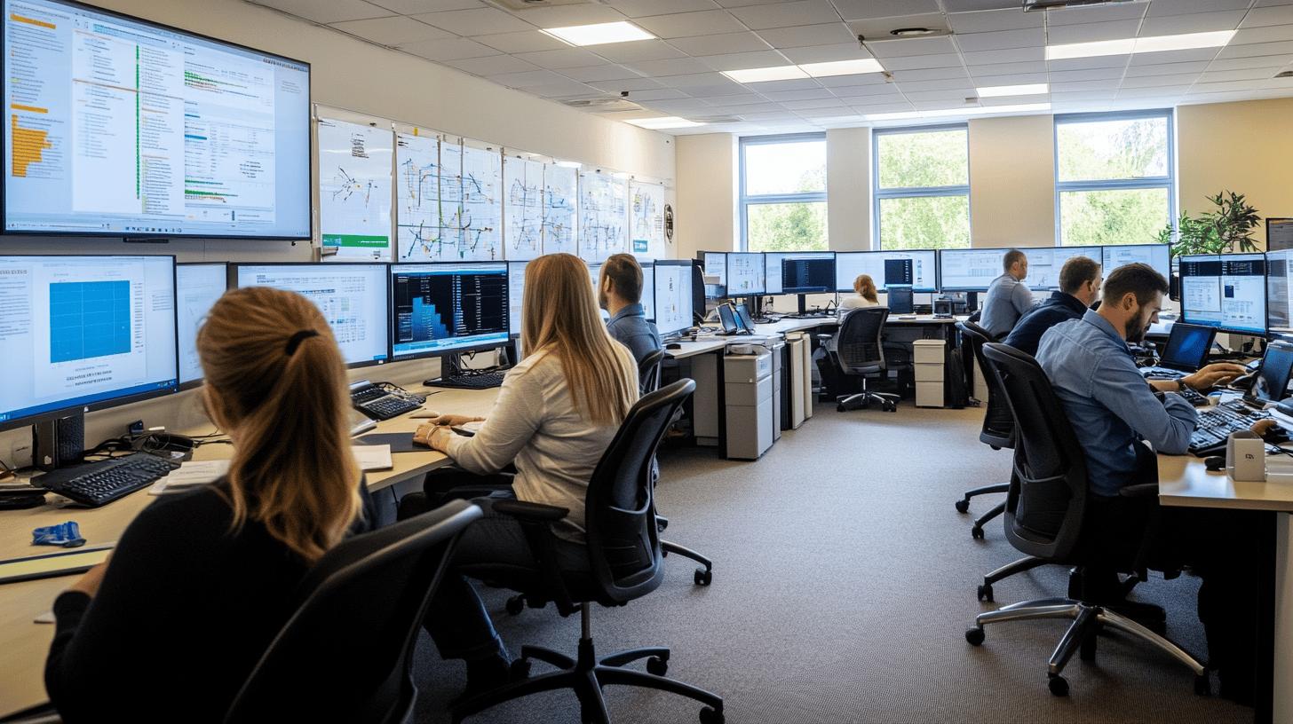 Modern control room with multiple professionals working at computer workstations, analyzing data on large monitors and network diagrams, with natural light from windows illuminating the collaborative workspace