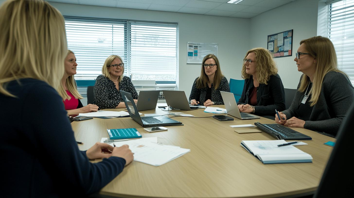 Professional women in business meeting, collaborative workspace with laptops and notebooks, discussing strategy in modern office conference room
