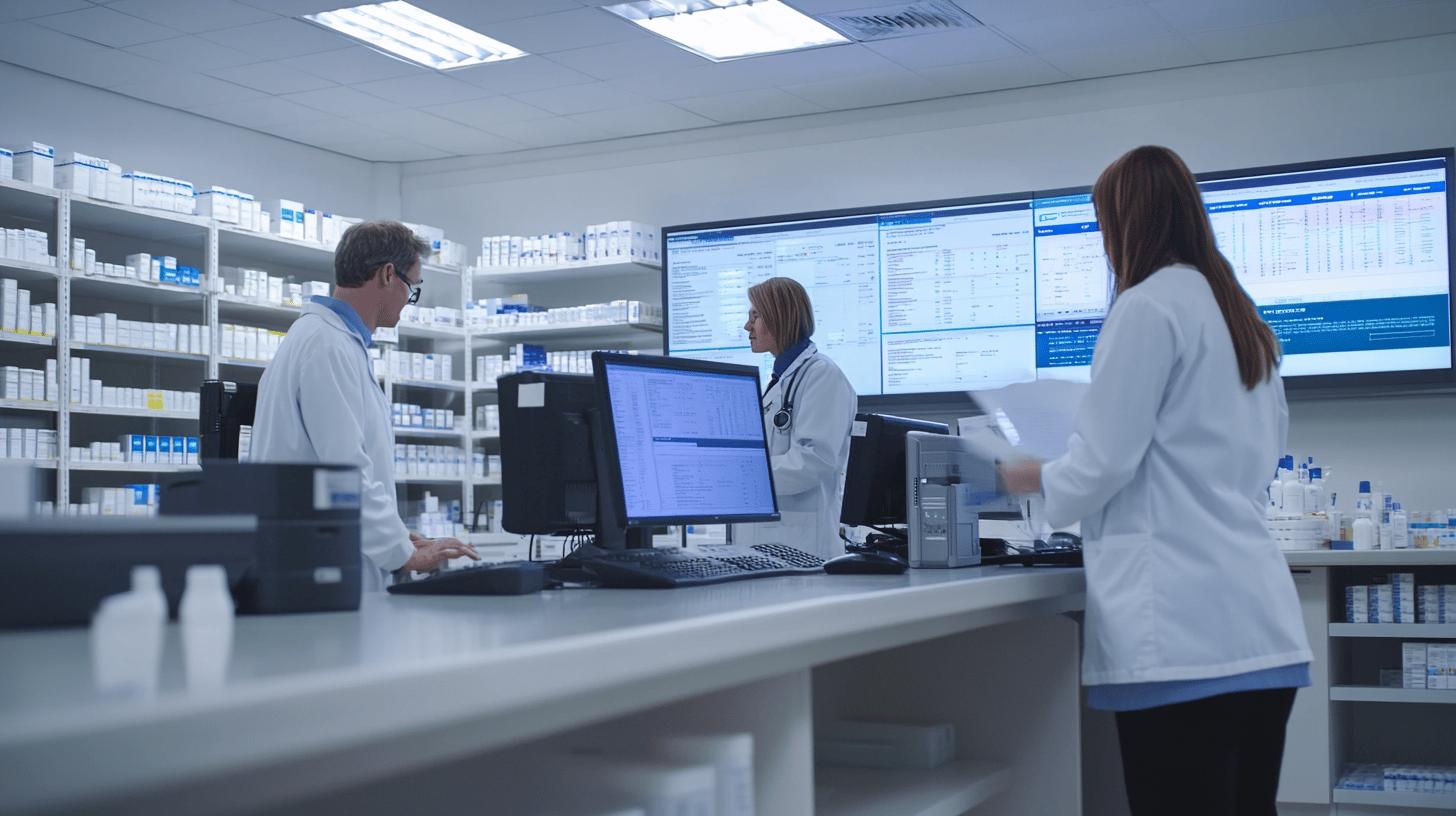 Pharmacy staff working in sterile medical storage room with medication shelves, computer workstations, and digital screens displaying pharmaceutical data and inventory management systems