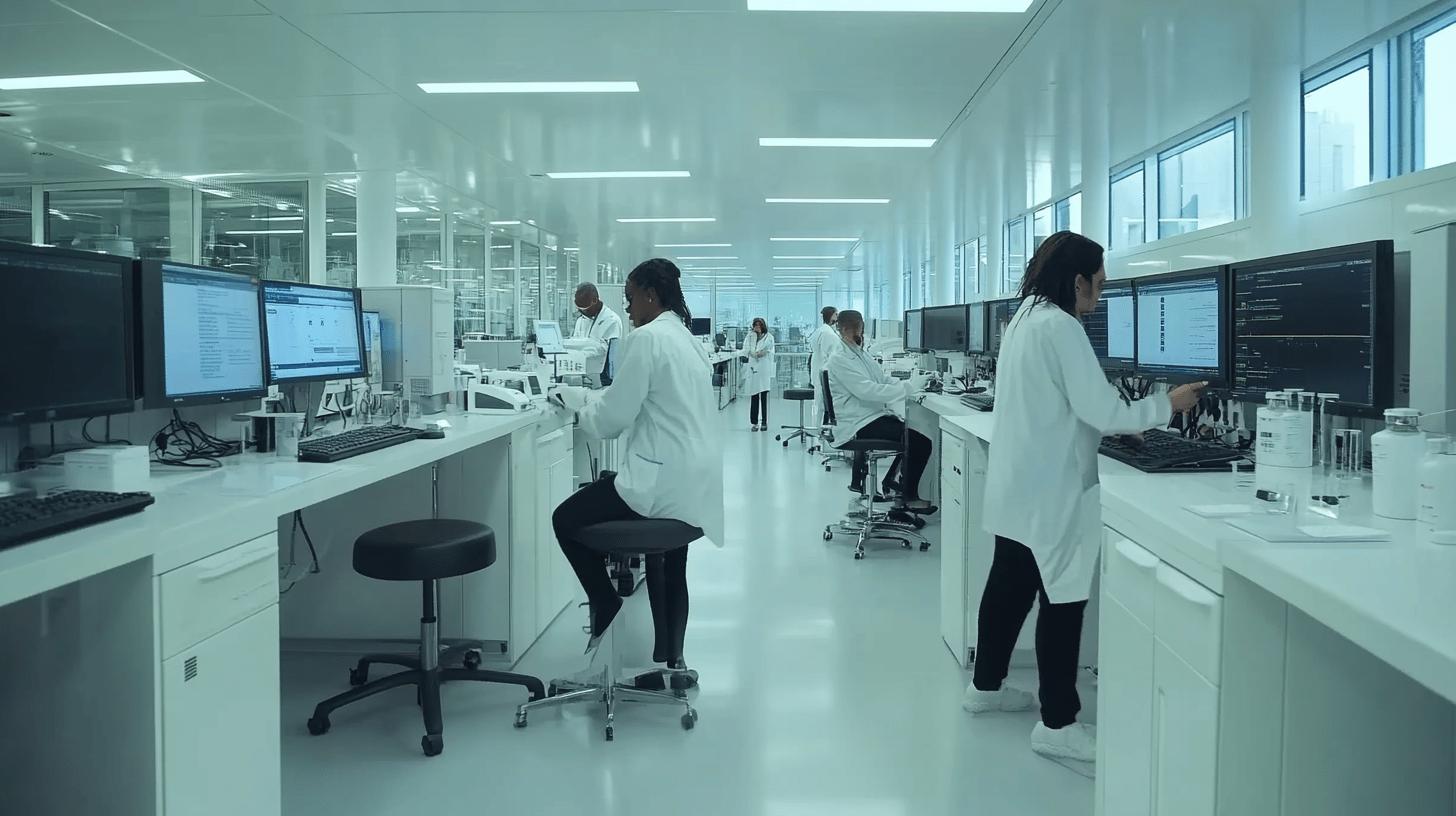 sterile medical research laboratory with scientists working at computer workstations, analyzing data on multiple monitors in a clean, white-walled environment with advanced scientific equipment
