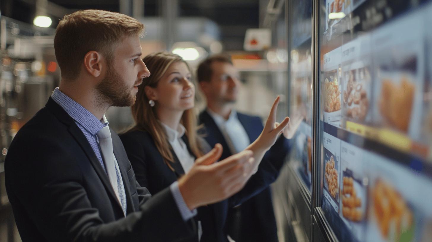 Professional business team reviewing digital display with food images in corporate environment, collaborative discussion with interactive screen showing menu or product selections