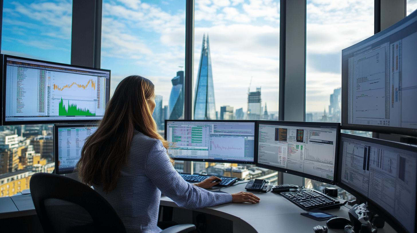 Financial analyst working at multi-screen trading desk with London cityscape and Shard skyscraper in background, monitoring stock market data and financial charts