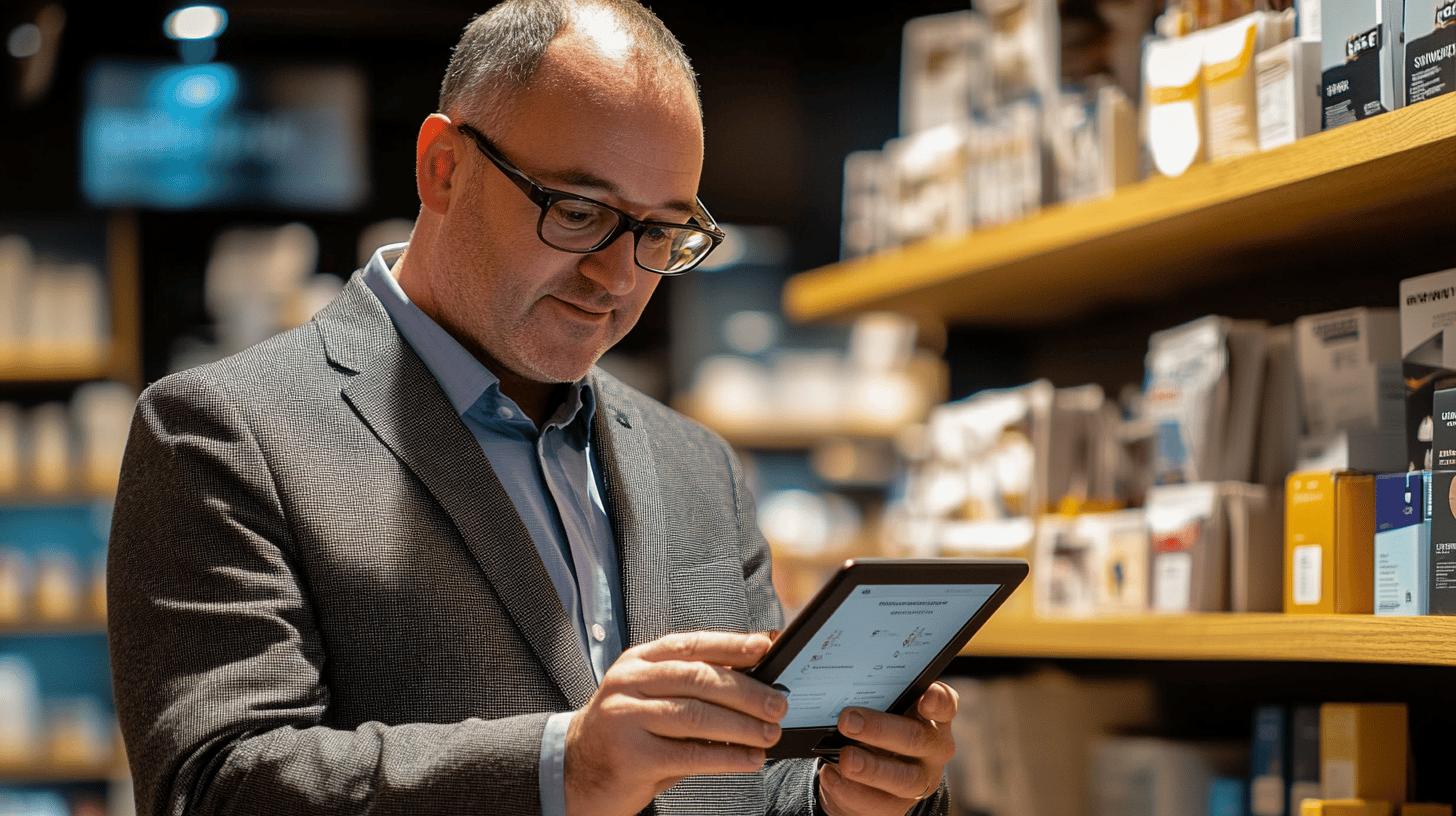 Professional checking inventory on tablet in warehouse with product shelves in background, wearing business casual attire and glasses, focused on digital device for stock management