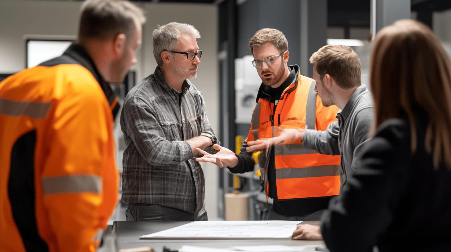 workplace safety team discussing project details in industrial setting with orange high-visibility vests