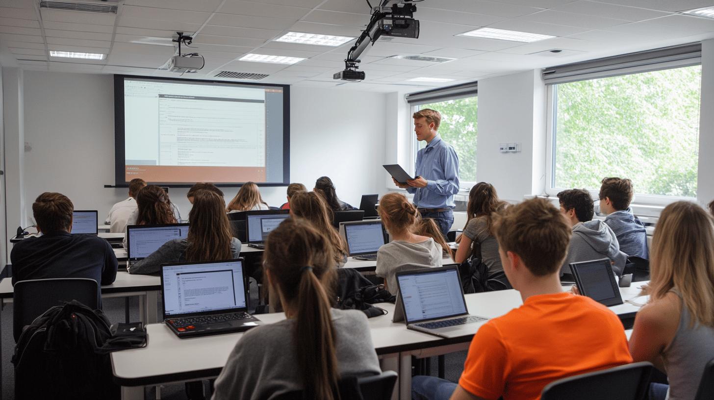 Modern computer classroom with students at laptops and instructor presenting on screen, with natural light from windows and projector mounted on ceiling