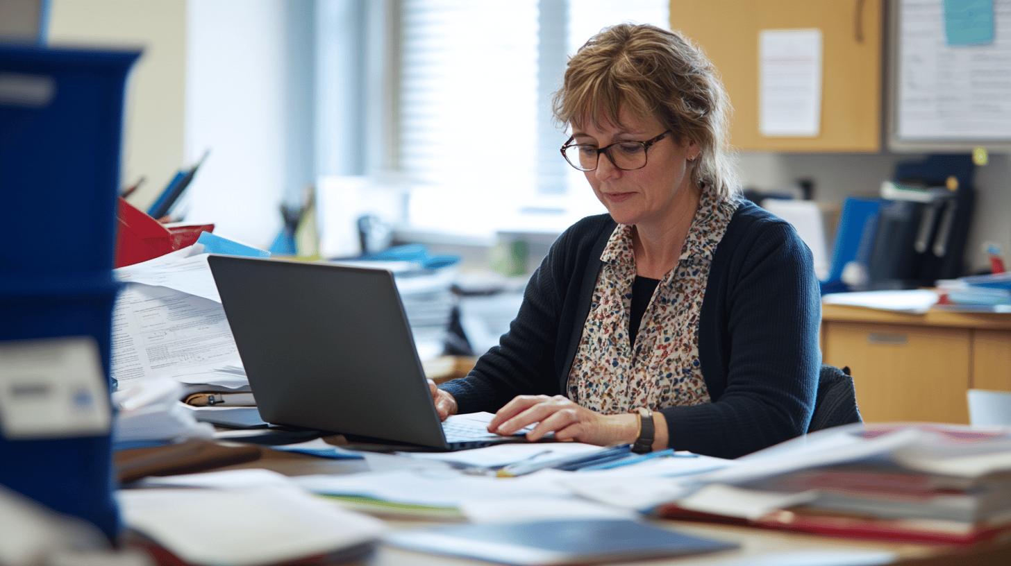 Professional working on laptop in cluttered office with stacks of papers and folders, wearing glasses and a patterned scarf, focused on computer task