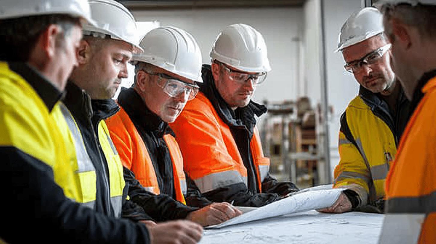 industrial workers in safety gear reviewing blueprints at construction site, wearing white hard hats, orange and yellow high-visibility vests, examining technical documents together