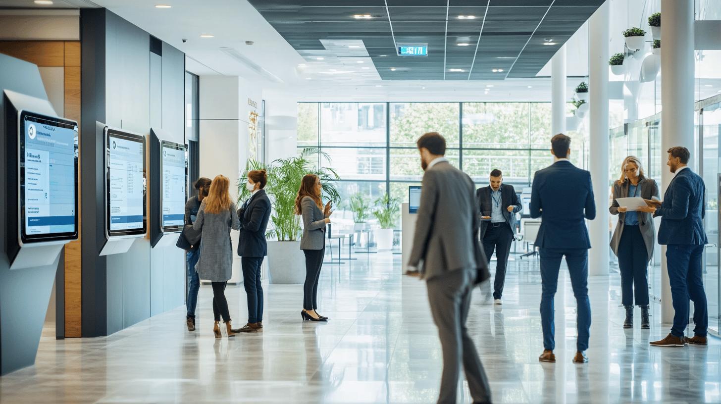 Modern office lobby with professionals using digital information screens, featuring glass walls, sleek design, and business people in professional attire interacting in a bright, contemporary workspace