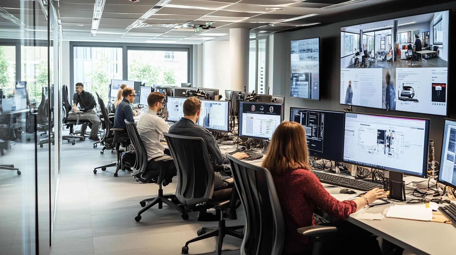 Modern open-plan technology office with multiple employees working on computer workstations, multiple monitors displaying data and design interfaces, with large windows and glass partitions creating a bright, contemporary workspace environment