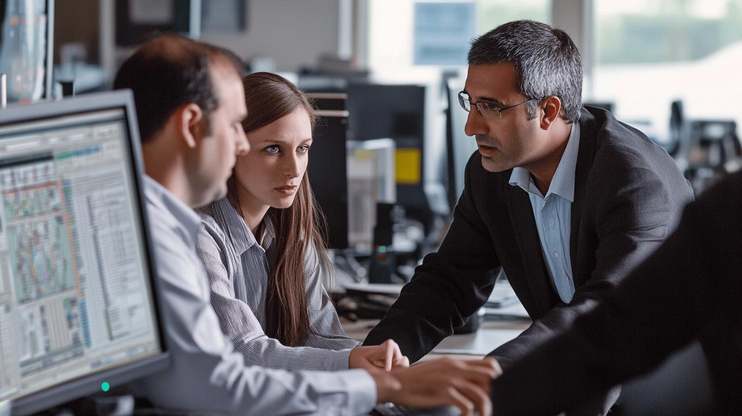 Professional team collaborating on data analysis in corporate office with computer screens and intense discussion