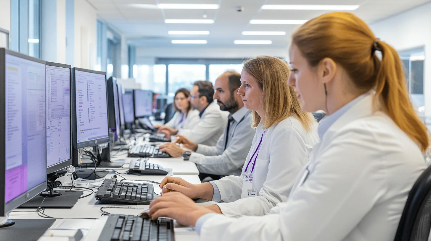 Modern office with medical professionals working on computers in clean, bright laboratory environment, focused on data analysis and research tasks