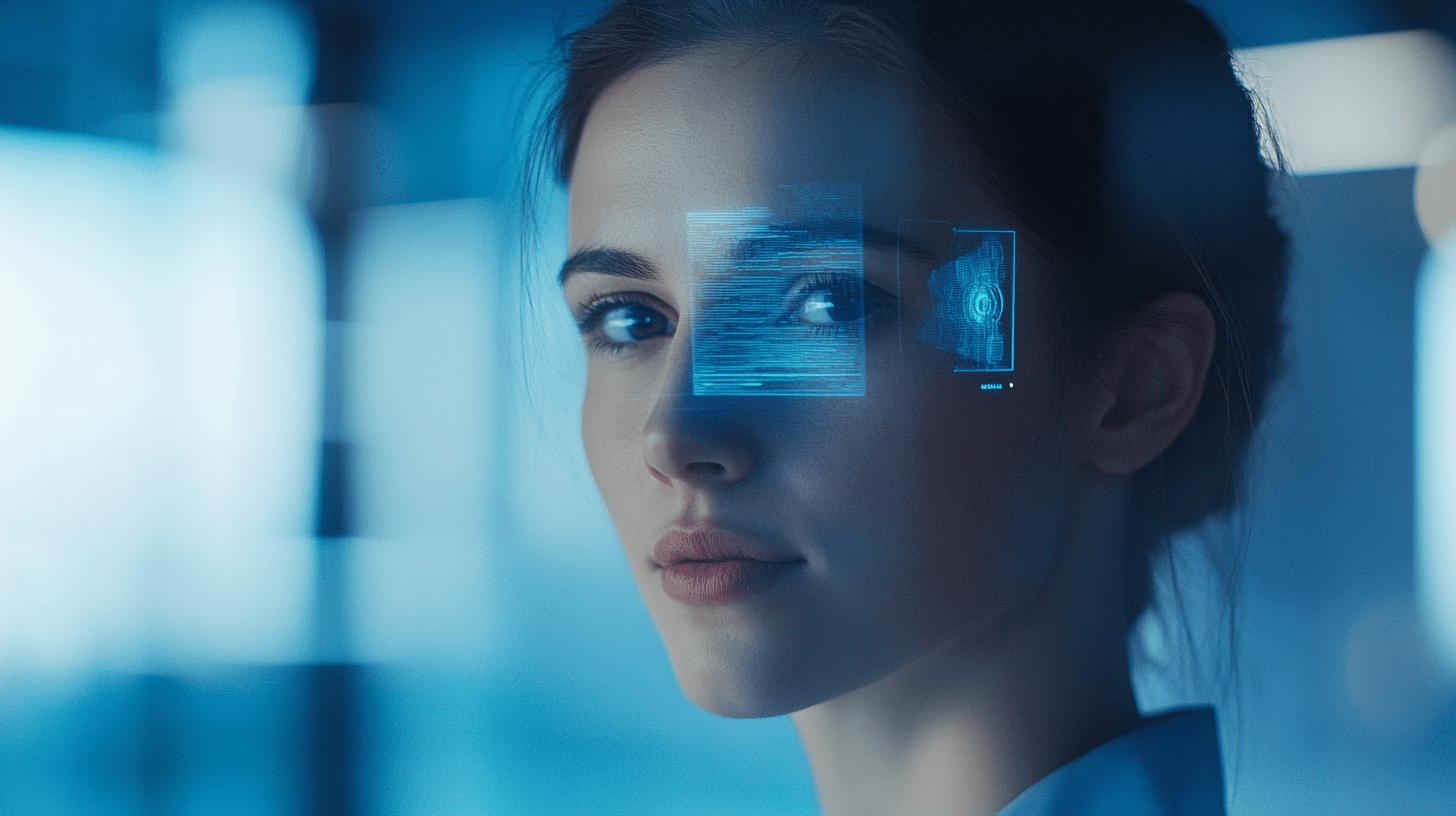 Futuristic biometric scan of a person with digital interface overlay, showcasing advanced facial recognition technology in a blue-tinted, high-tech environment