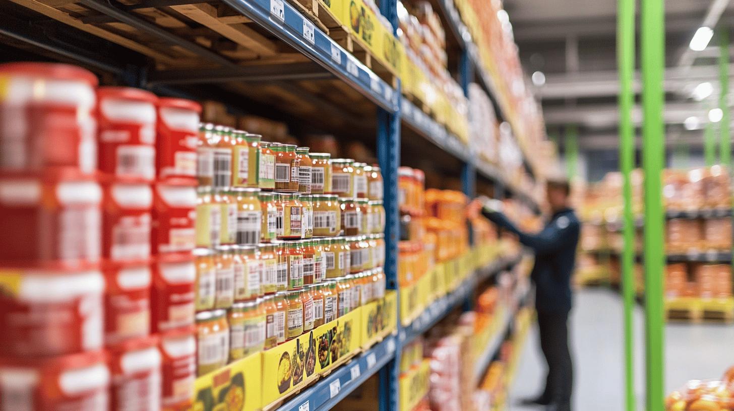 Warehouse shelves stocked with colorful canned goods and food products, with an employee working in the background managing inventory on industrial storage racks