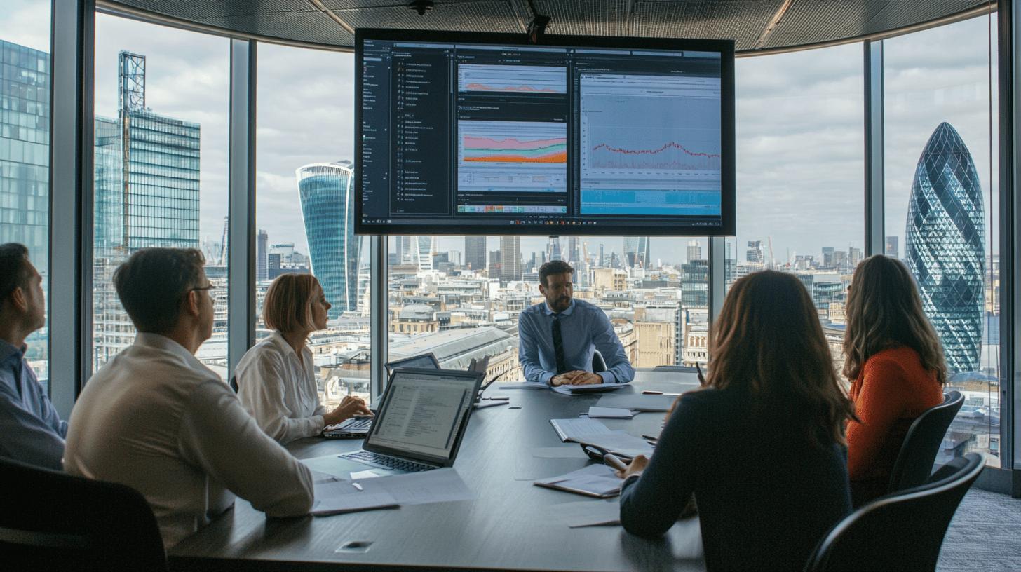 Business professionals analyzing data analytics in a modern London office with financial district skyline, featuring the Gherkin and other iconic skyscrapers in the background, with large display screen showing graphs and charts