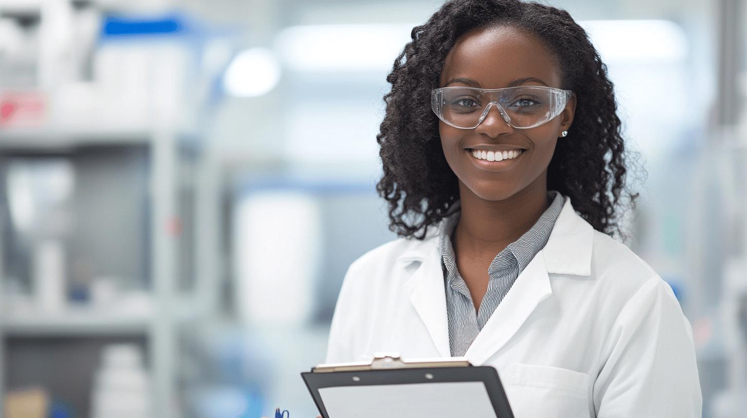 Smiling scientist in white lab coat and safety glasses holding clipboard in modern laboratory setting