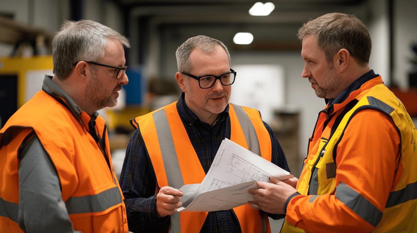 Industrial workers in safety vests discussing blueprint in warehouse, collaborative manufacturing teamwork concept