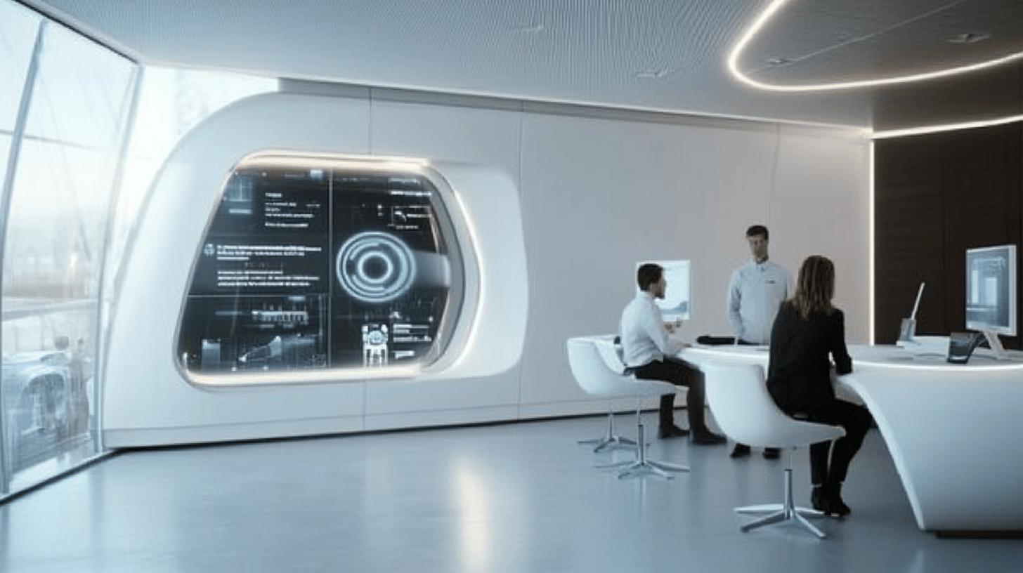 Futuristic high-tech office with holographic display, sleek white interior, and professionals collaborating in modern minimalist workspace with digital interface and curved architecture