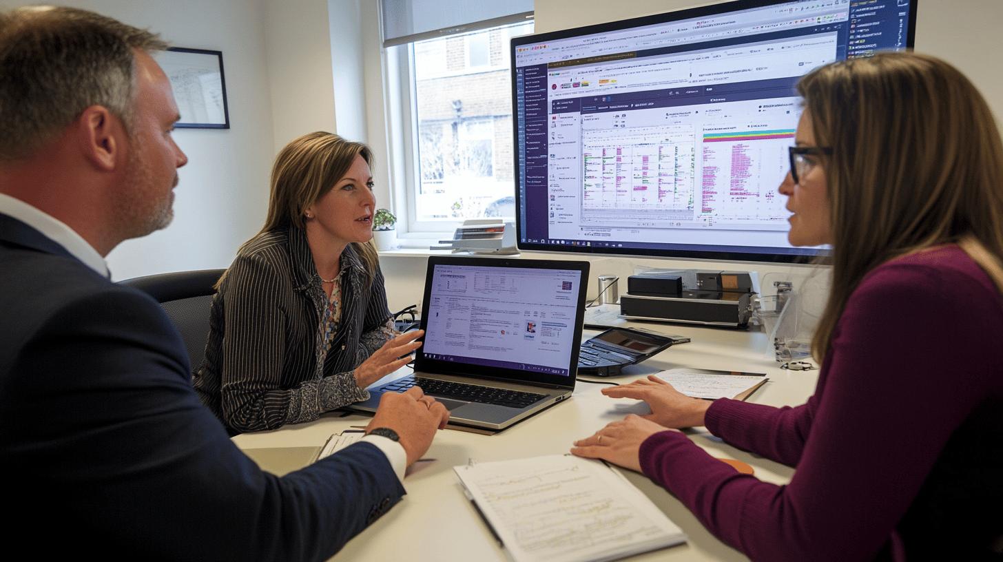 Business professionals collaborating over data analytics on laptop and desktop screens in modern office workspace