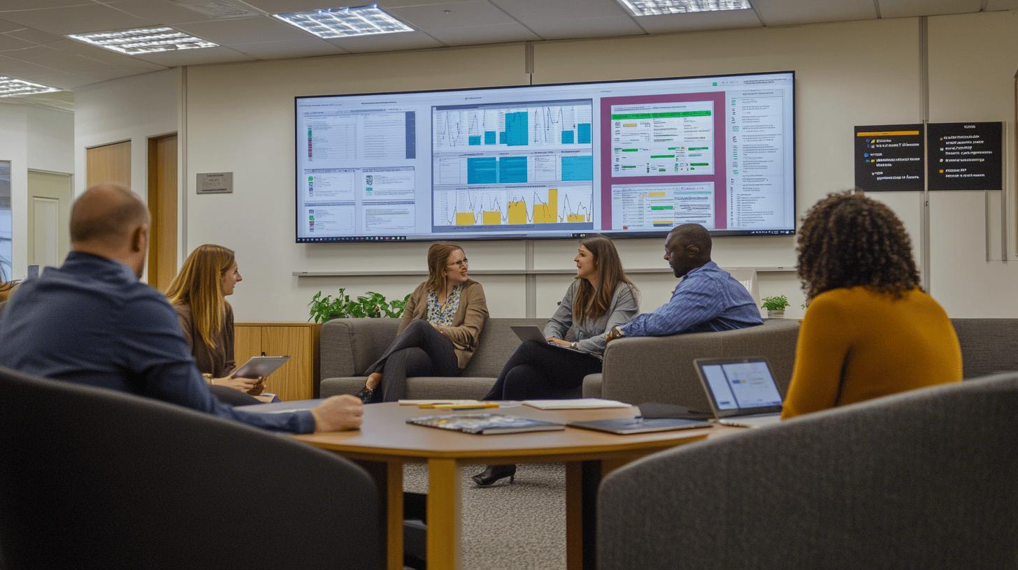 Diverse business team in meeting room with data analytics dashboard, discussing project strategy and performance metrics